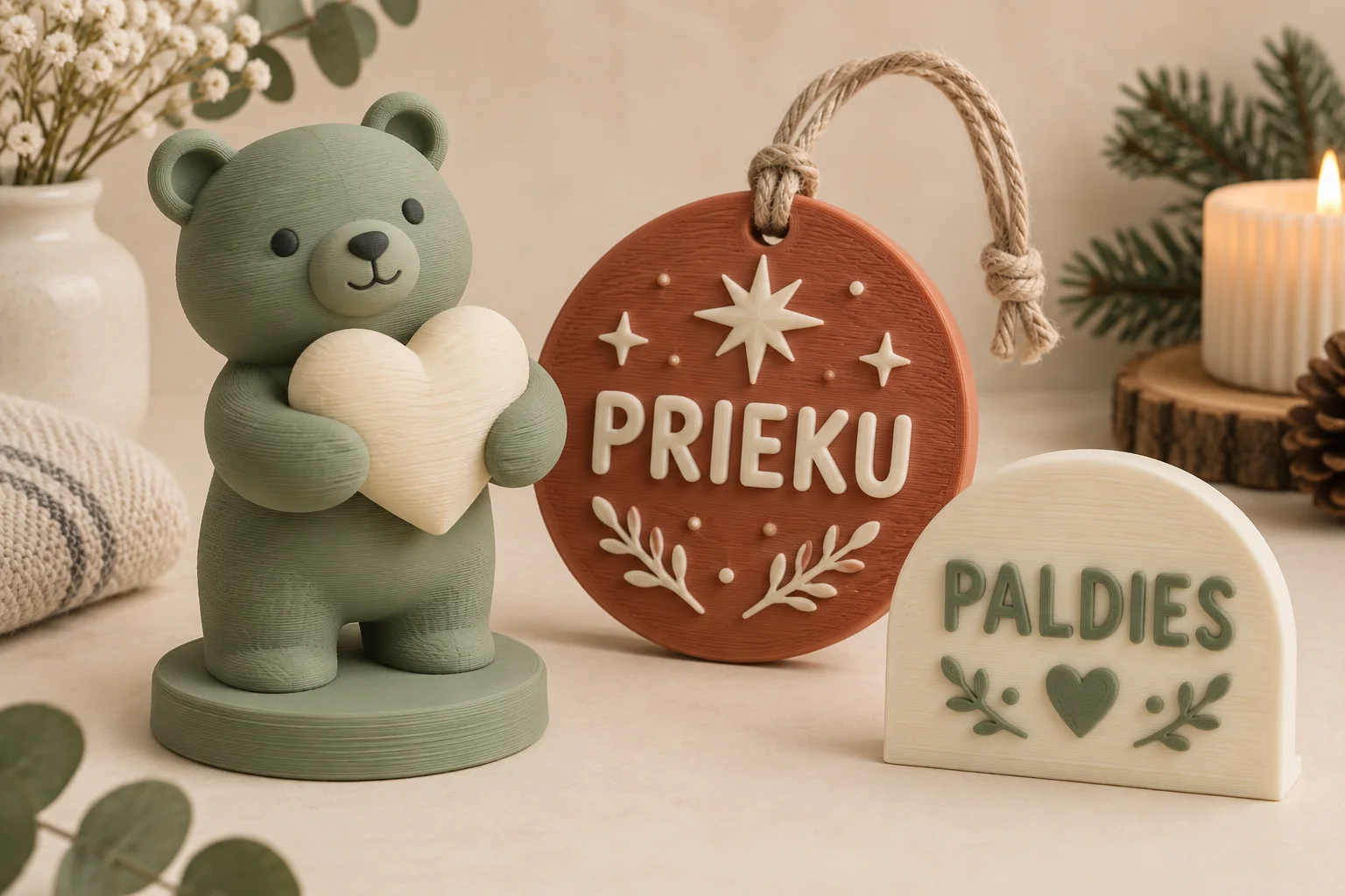 Dekoratīva lācīša, rotājuma PRIEKU un pateicības zīmes PALDIES dizaina koncepts