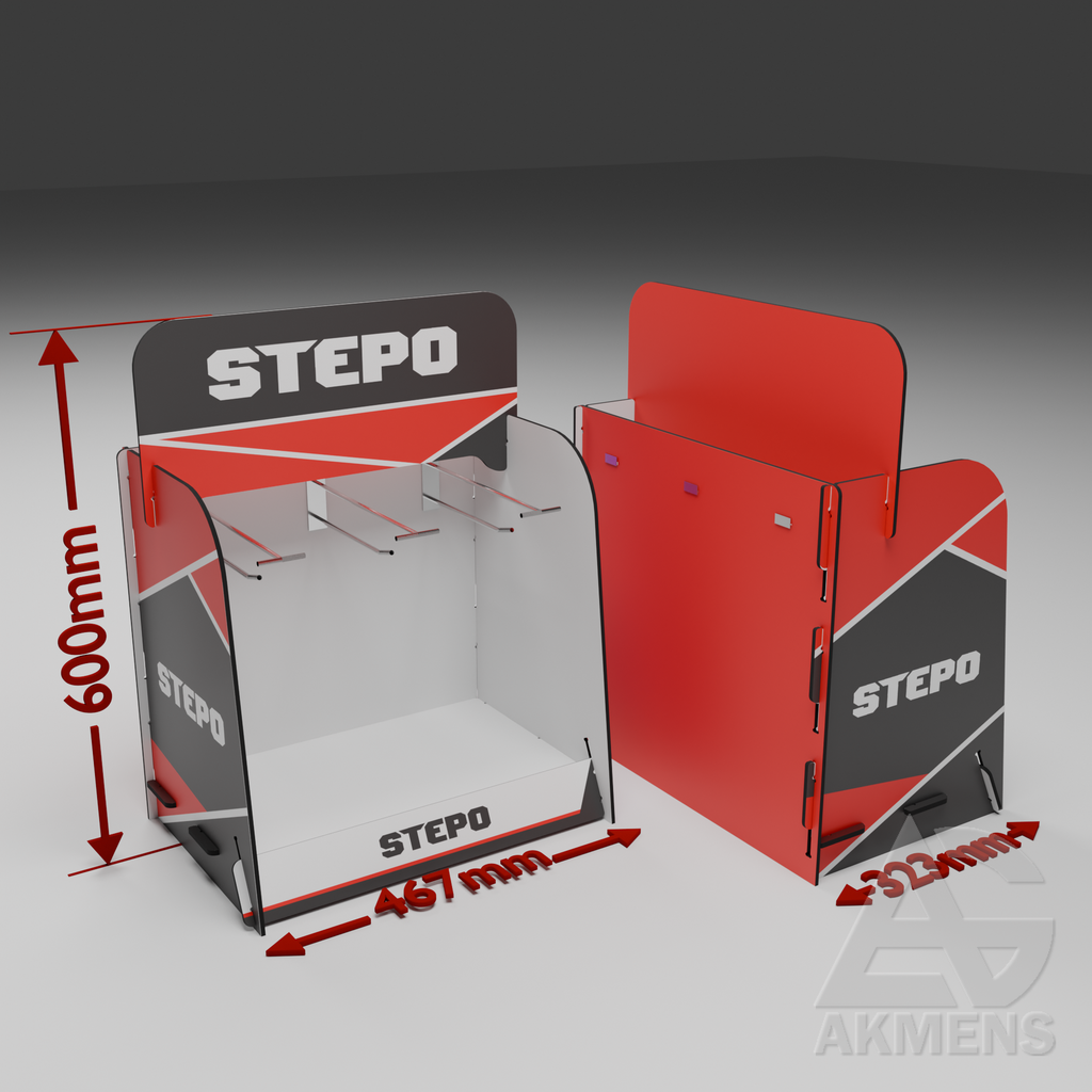 [SG-STENDAS-STEPO-PIRSTINIU-EKSPOZICIJAI-SU-3-KABLIUKAIS] STEPO Stand, for glove display, with 3 hooks